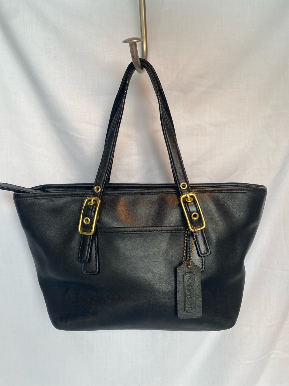 Coach Black Leather Tote with Gold-Tone Accents
